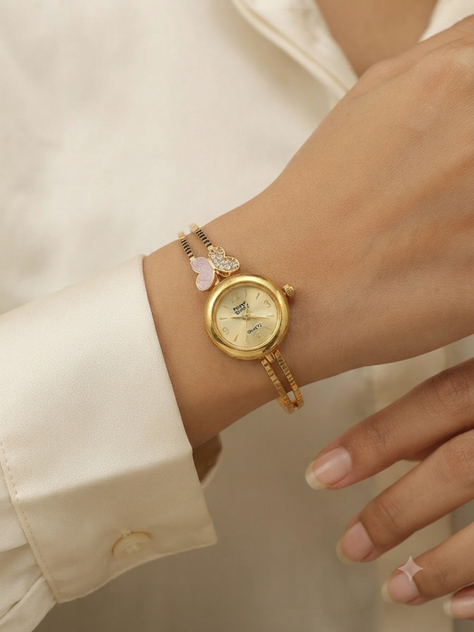 Micro Gold Plated And Diamond Studded Fancy Butterfly Adjustable Bracelet Watch