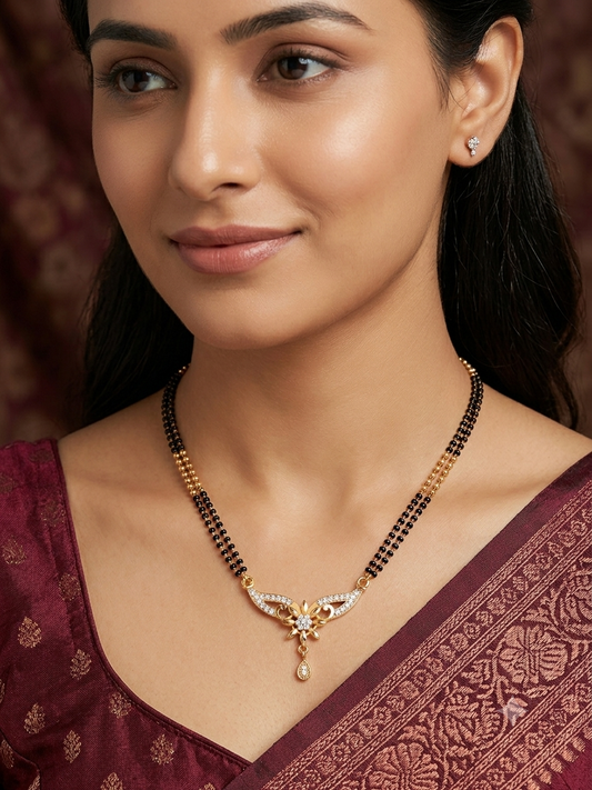 Micro Gold Plated Floral And Diamond Double Line 24 Inches Mangalsutra