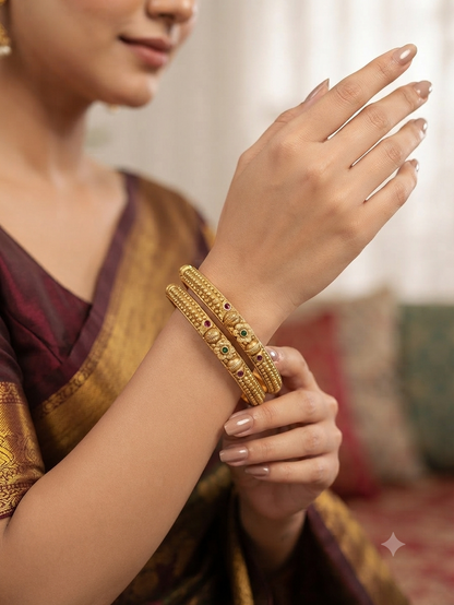 Elegant Traditional Daily Wear Gold floral Bangles with Gemstone Detailing