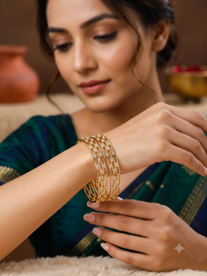 Cz Diamond Studded 3 Line High Gold Plated Bangle Set (2 Pcs)