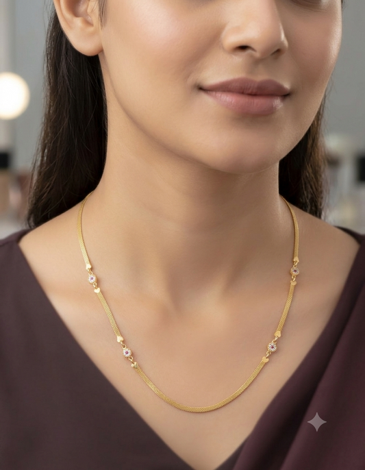 Micro Gold Plated Ad Diamond Studed Round Flower 24Inches Chain
