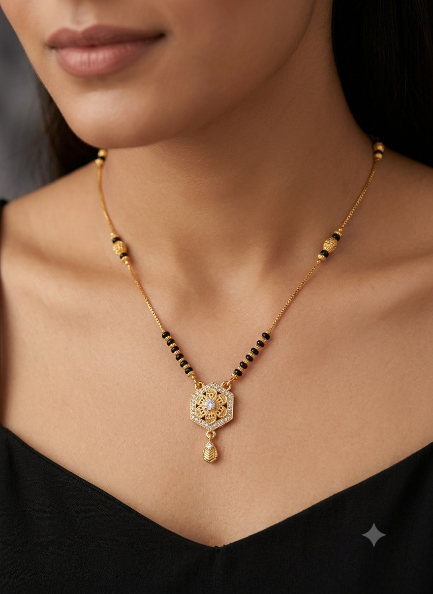 Daily Wear Hexa-Diamond Studded Golden Mangalsutra