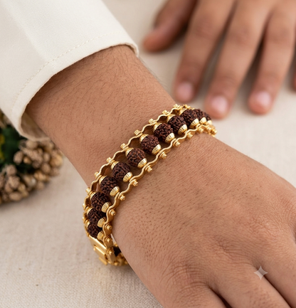 Brass Rudraksha Bracelet For Men 5 Mukhi Rudraksha Beads Embedded In Gold Plated