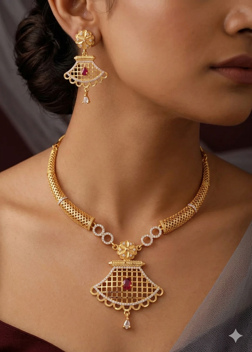 Elegant Gold-Plated Ruby Drop Pendant Necklace Set with Traditional Earrings