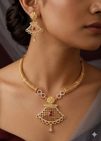 Elegant Gold-Plated Ruby Drop Pendant Necklace Set with Traditional Earrings