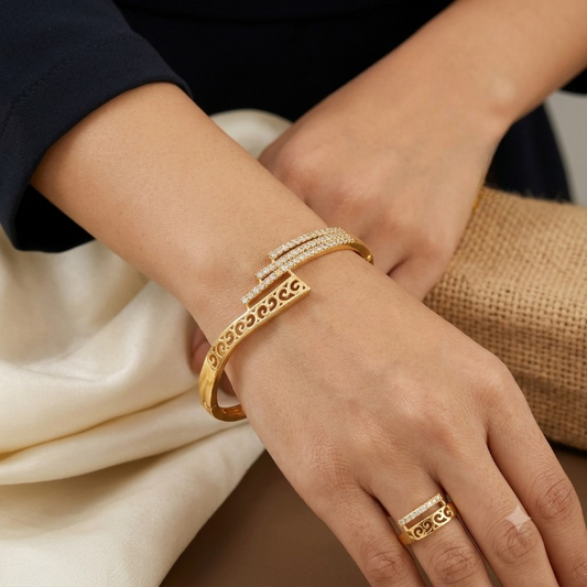 Micro Gold Plated And Diamond Studed Fancy Adjustable Barcelet with Ring