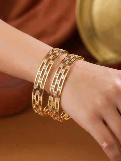 Cz Diamond Studded 3 Line High Gold Plated Bangle Set (2 Pcs)