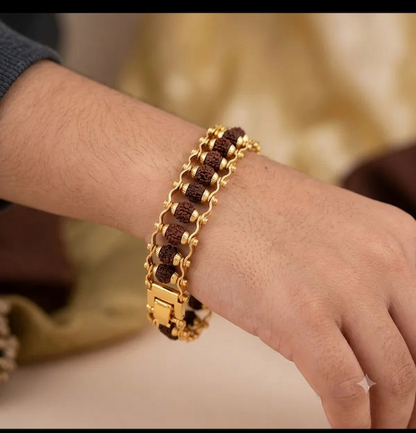 Brass Rudraksha Bracelet For Men 5 Mukhi Rudraksha Beads Embedded In Gold Plated