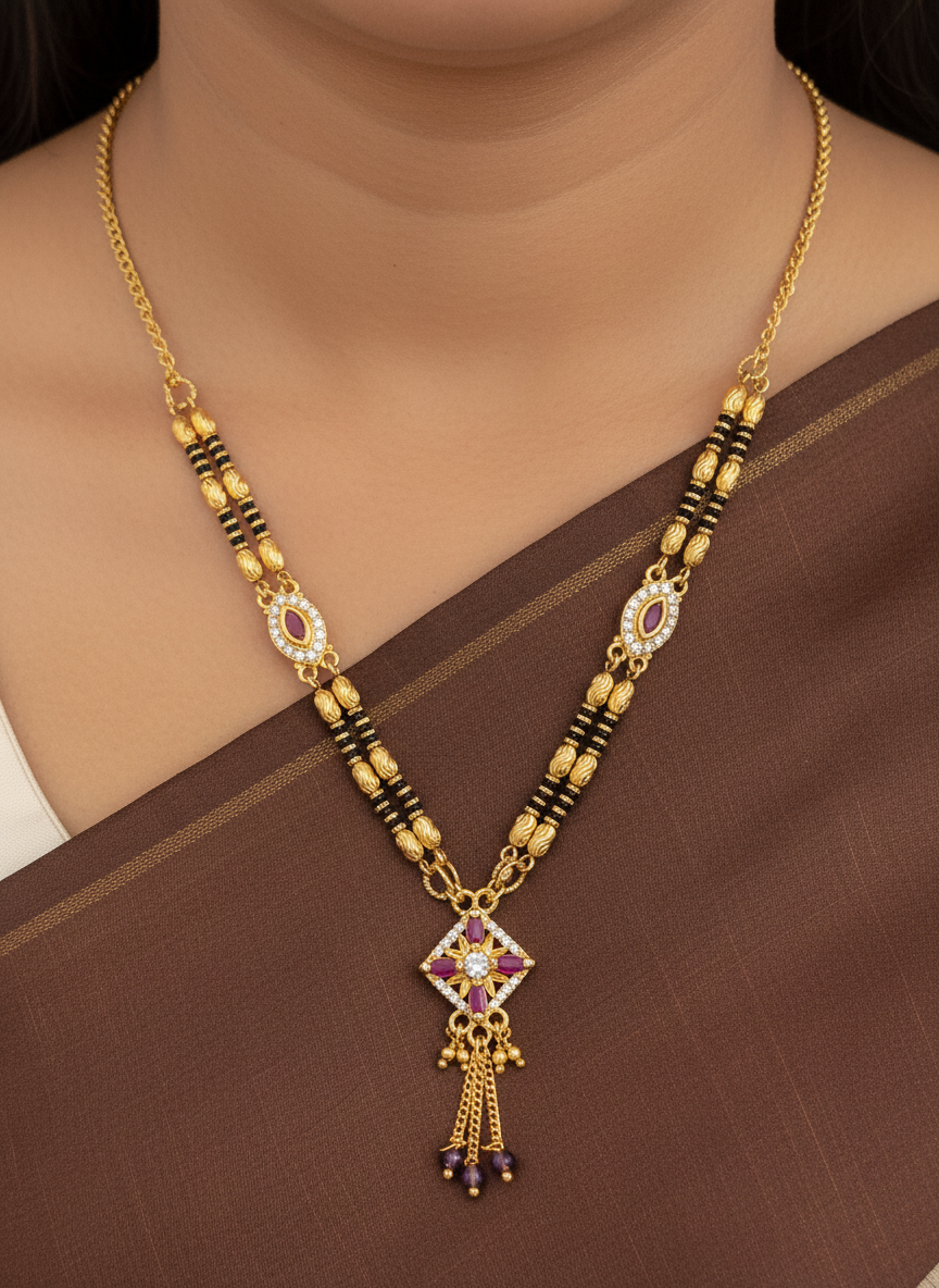 Micro Gold Plated AD Diamond Square Pendant Mangalsutra with Ruby Accents