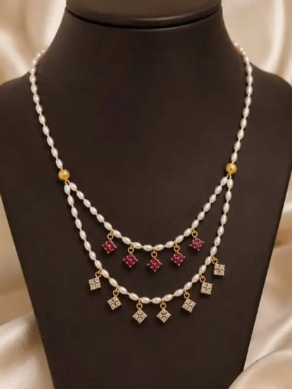 Micro Gold-Plated Double-Layer Pearl Chain with Ruby & AD Diamond Square Charms for Women