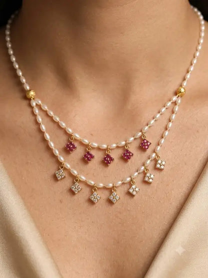 Micro Gold-Plated Double-Layer Pearl Chain with Ruby & AD Diamond Square Charms for Women