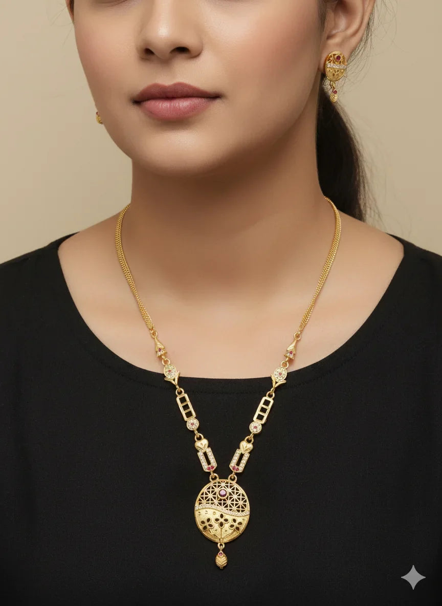 Micro Gold Plated AD Diamond Studded Flower Oval Necklace with Earrings for Women