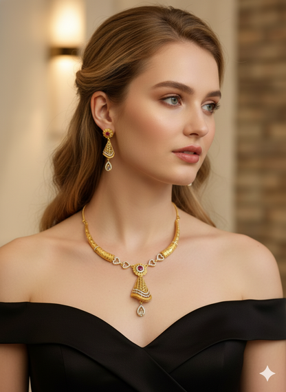 Traditional Micro Gold Plated And Diamond Necklace Set with Matching Earrings