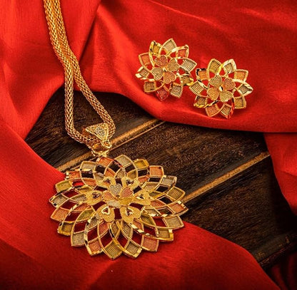 Multicoloured Designer High Gold Plated Pendent Chain With Beautiful Earrings