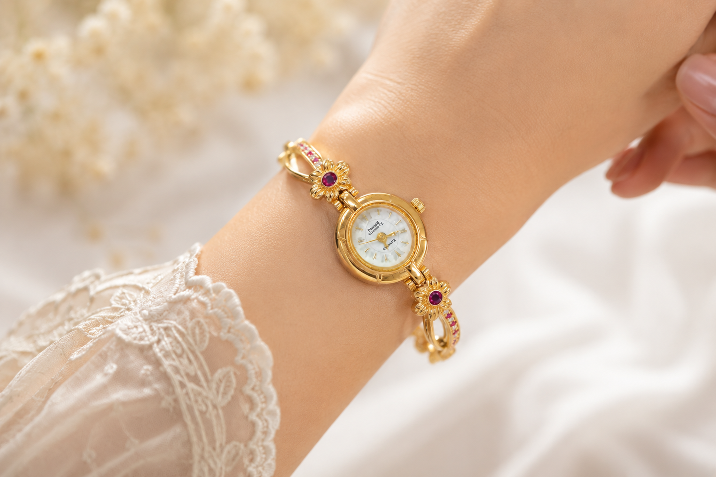 Luxury Floral Design Gold Finish Bracelet Watch for Girls & Women