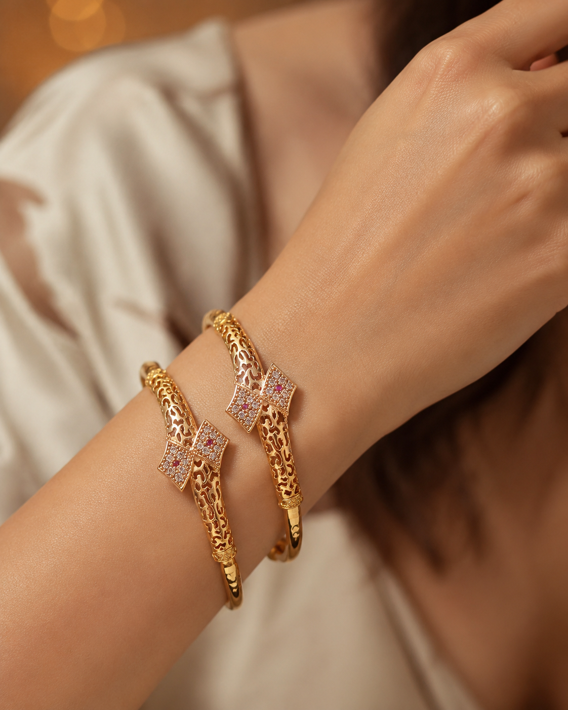 A Stunning High Gold Plated Ad Diamond Trinagle Shape Adjustble Bangle For Women.