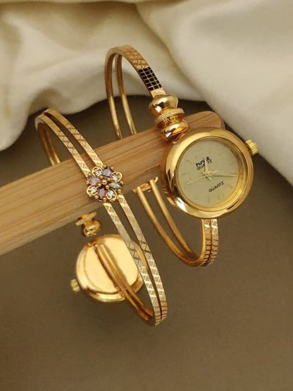 Elegant Brass Women’S Adjustable Watch With Floral Back Detailing
