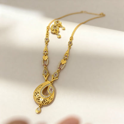 micro gold plated ad  diamond studed fancy oval  pendent set with earring