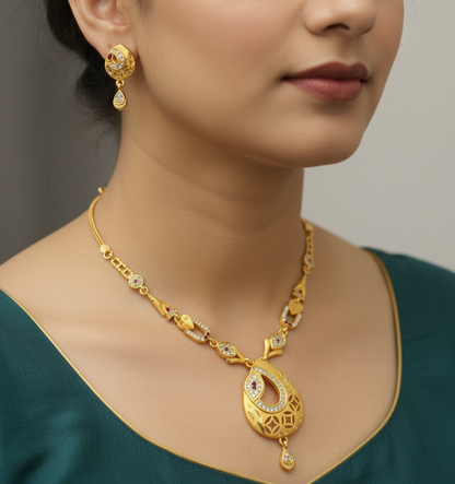 micro gold plated ad  diamond studed fancy oval  pendent set with earring