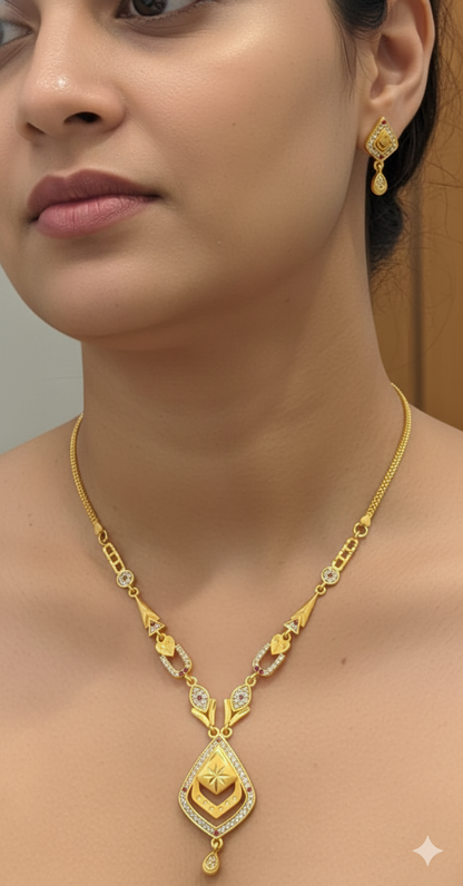 micro gold plated ad diamond studed fancy oval necklace with earing