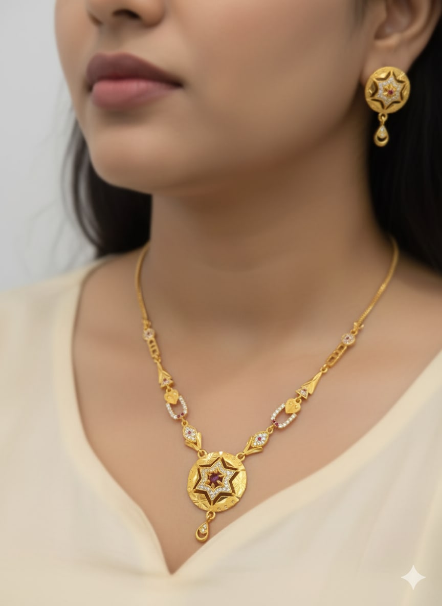micro gold plated ad dimaond styuded fancy star pendent set