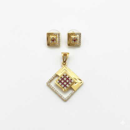 Micro Gold Plated Ad Diamond Studded Fancy Square Pendant With Earrings