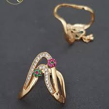 Gold Plated Kemp Stone Stded Flower Design Adjustable  U Shape Ring
