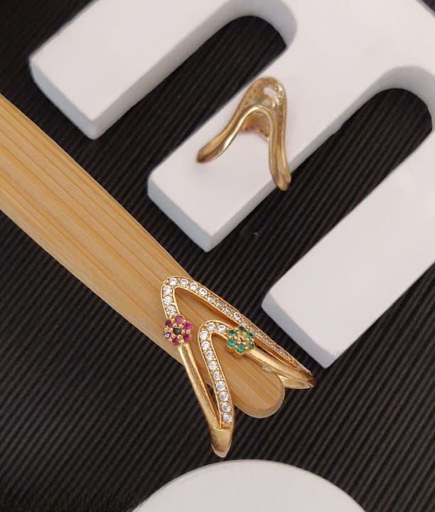 Gold Plated Kemp Stone Stded Flower Design Adjustable  U Shape Ring