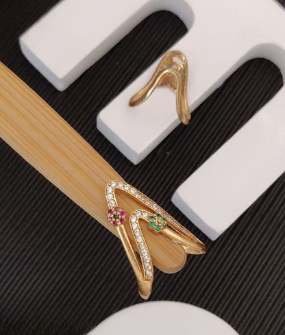 Gold Plated Kemp Stone Stded Flower Design Adjustable  U Shape Ring