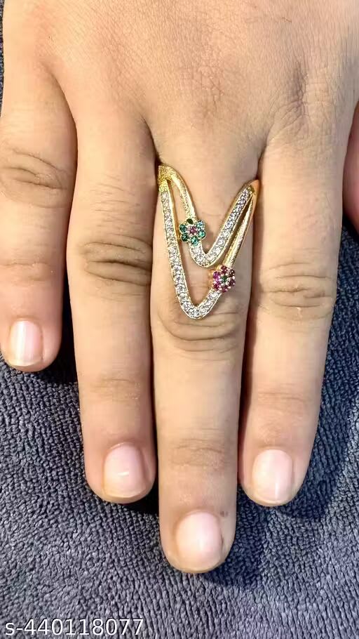Gold Plated Kemp Stone Stded Flower Design Adjustable  U Shape Ring