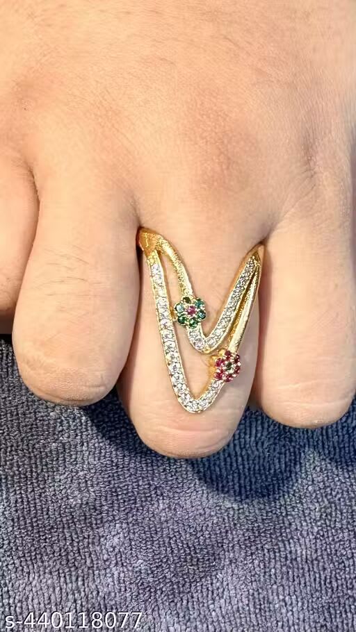 Gold Plated Kemp Stone Stded Flower Design Adjustable  U Shape Ring