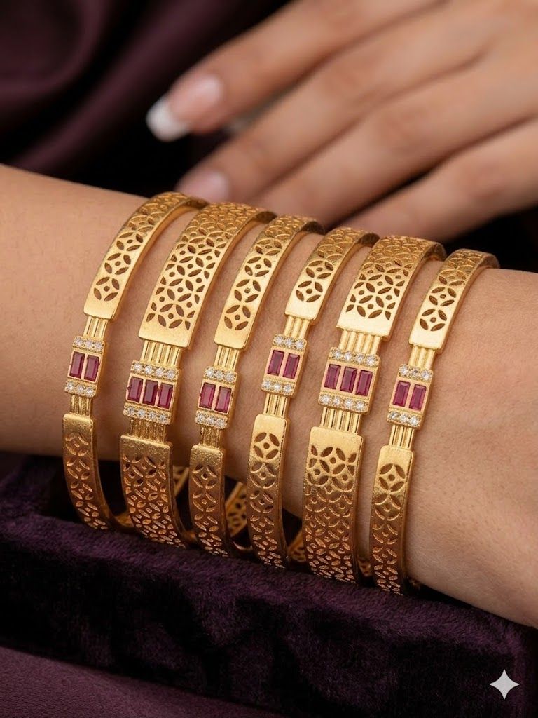 Micro Gold Plated  Designer And Diamonds 6 Pcs Bangles