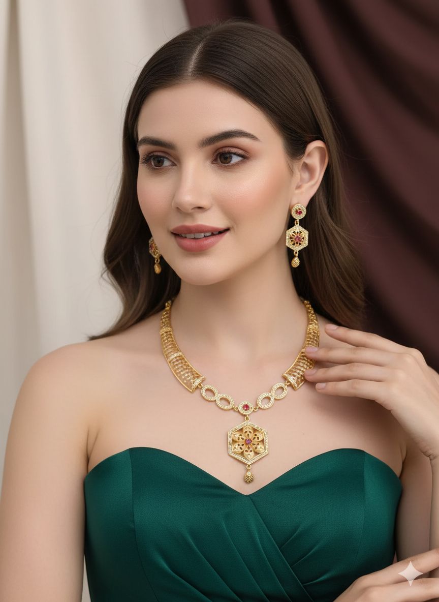 Designer High Gold Plated And Diamond Studded Fancy Flower Necklace with Earring