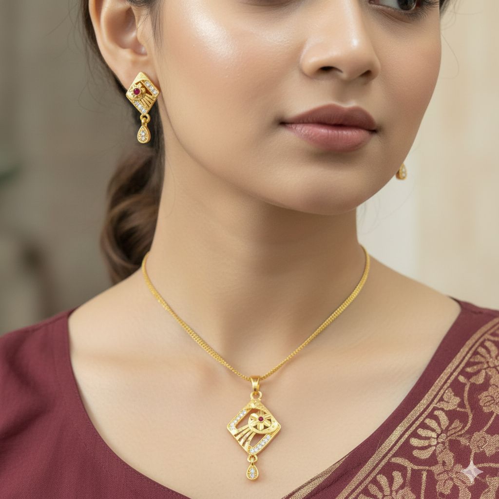 Micro Gold Plated Floral And Pendant Set with Earrings