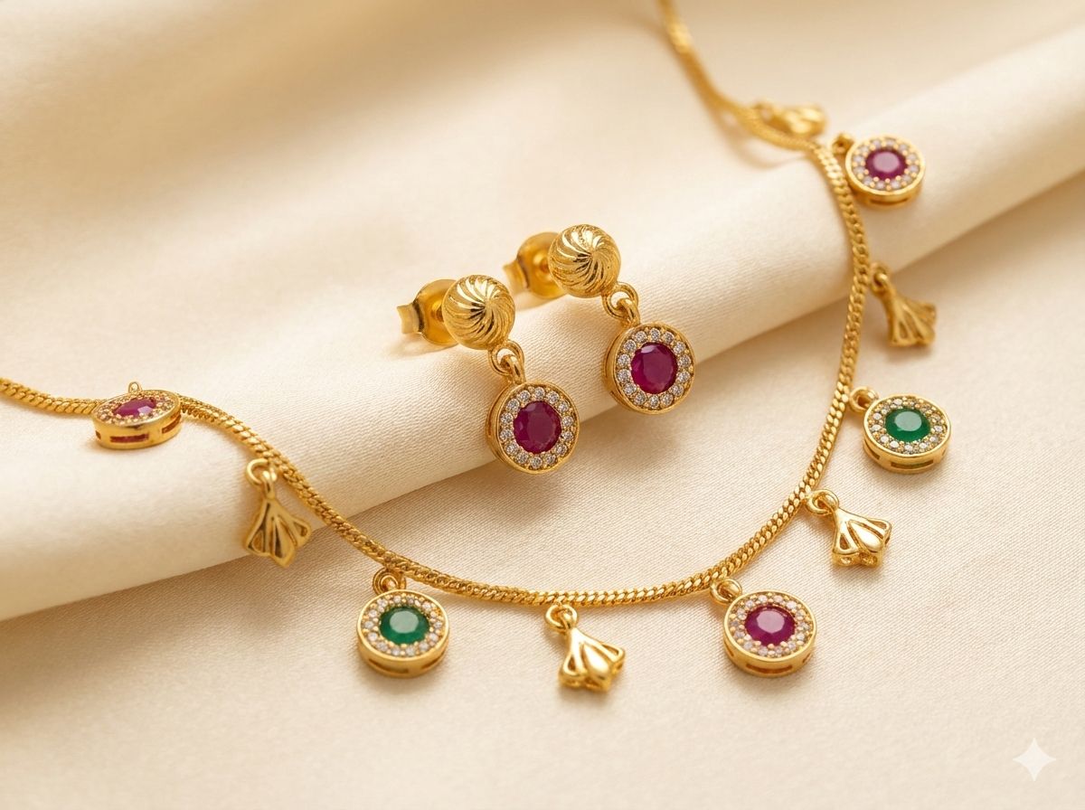 Micro Gold Plated Ruby & Emerald Charm Necklace with Matching Stud Earrings – Elegant Daily Wear Set