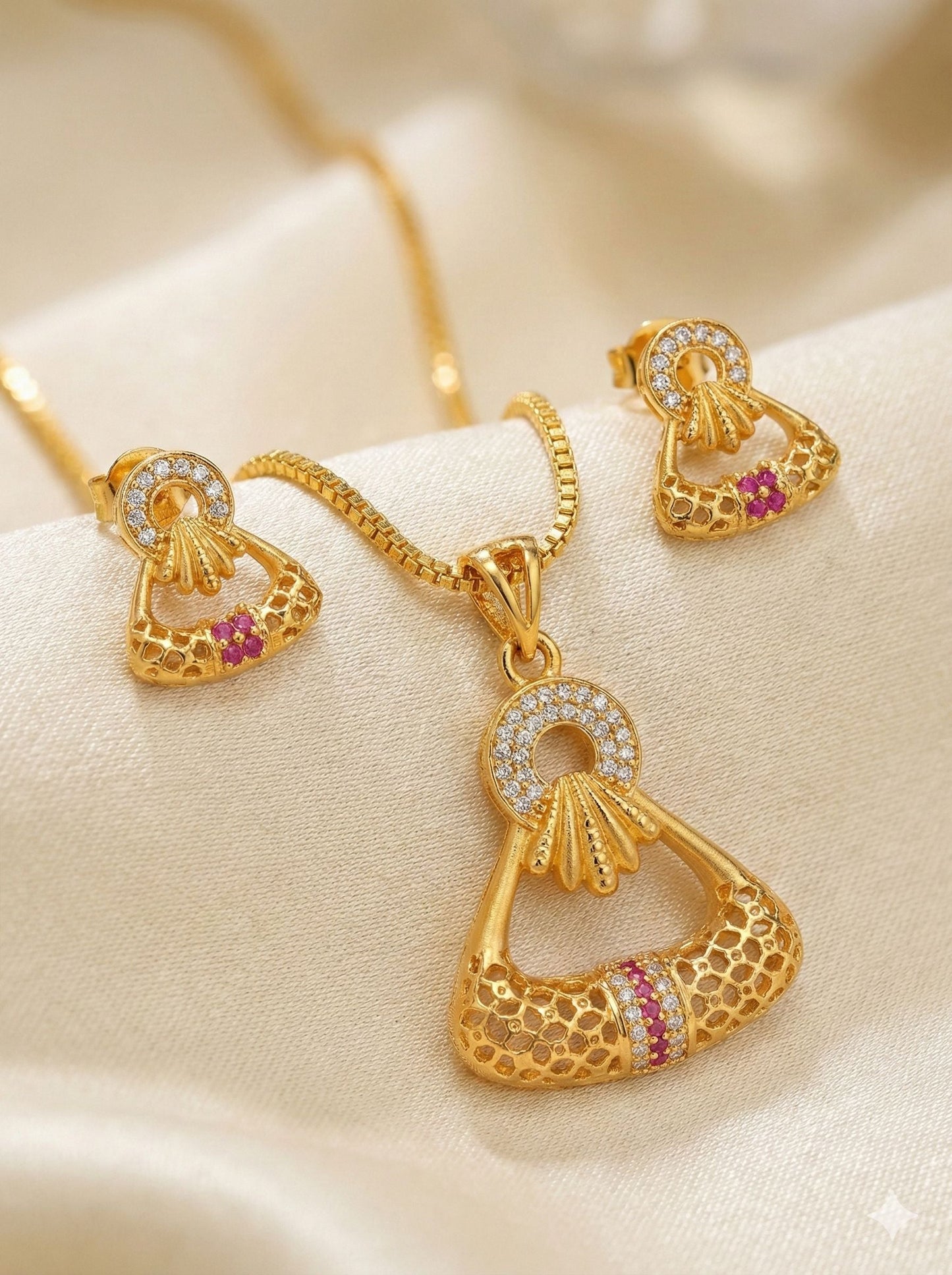 Golden Aura Ruby Charm Pendant Set – Elegant Daily Wear Necklace & Earrings