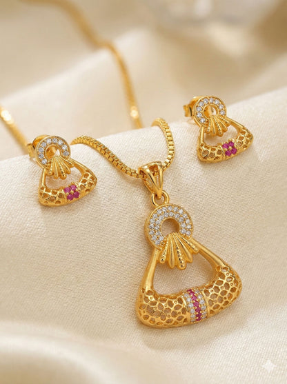 Golden Aura Ruby Charm Pendant Set – Elegant Daily Wear Necklace & Earrings