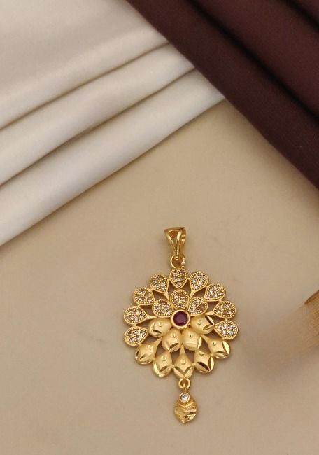 High Gold Plated Ruby Stone Studded Fancy Flower Pendent Set with Ring