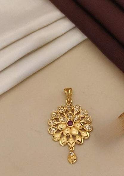 High Gold Plated Ruby Stone Studded Fancy Flower Pendent Set with Ring