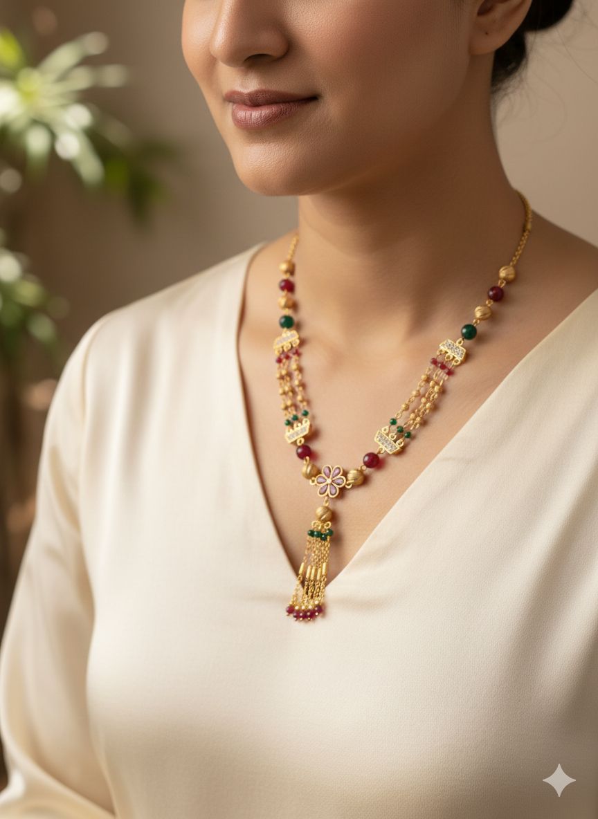 Golden Ruby And And Diamond Floral Pendant Chain For Women