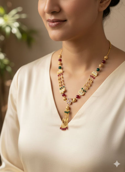 Golden Ruby And And Diamond Floral Pendant Chain For Women