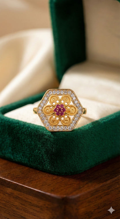 Micro Gold Plated Daily Wear And Diamond Studded Fancy Adjustable Flower Ring