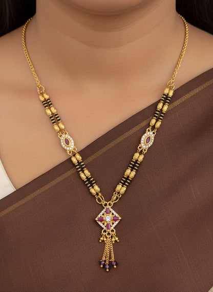 Micro Gold Plated And Diamond Square Pendant Mangalsutra with Ruby Accents