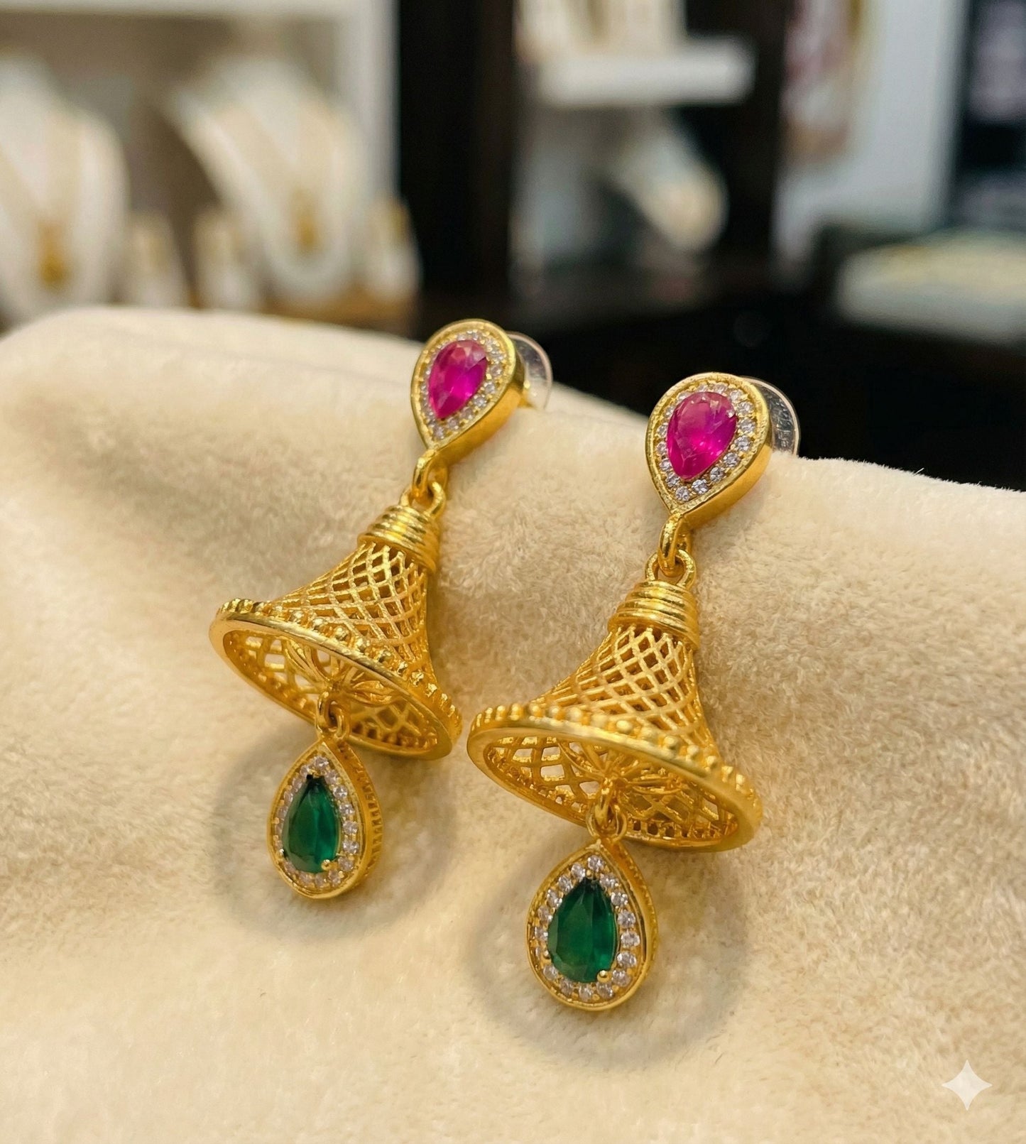Micro Gold Plated And Diamond Pink Green Stone Daily Wear Fancy Jhumka Earring