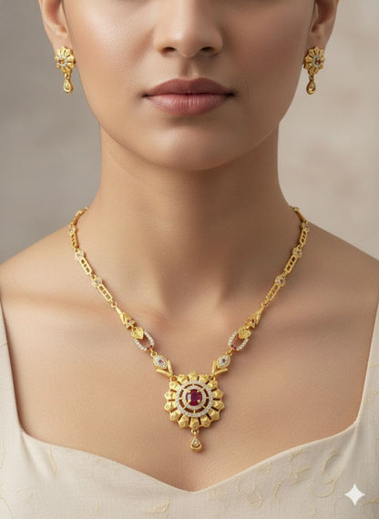 Micro Gold Plated And Diamond Studded Fancy Forming Flower Necklace with Earing