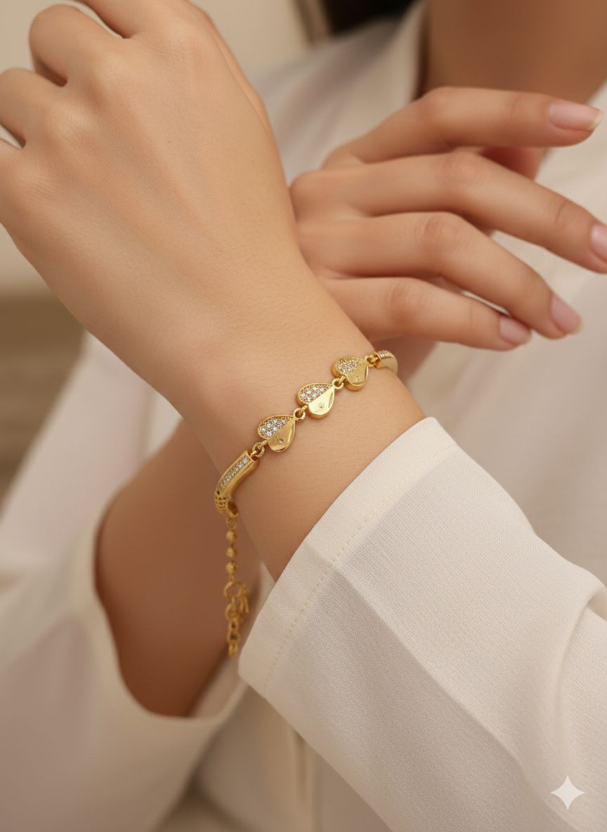 Micro Gold Plated And Diamond Studded Fancy Heart Charm Bracelet