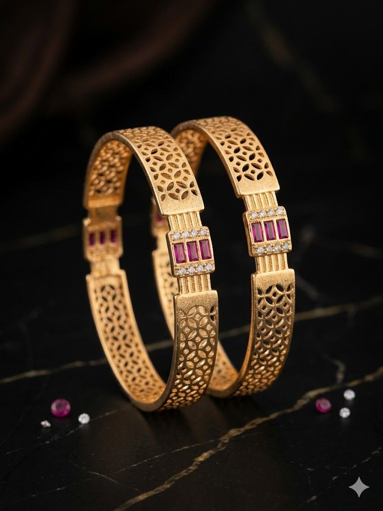 Royal Ruby Lattice Micro Gold Plated And Stone Studded Designer Bangles (Pair)