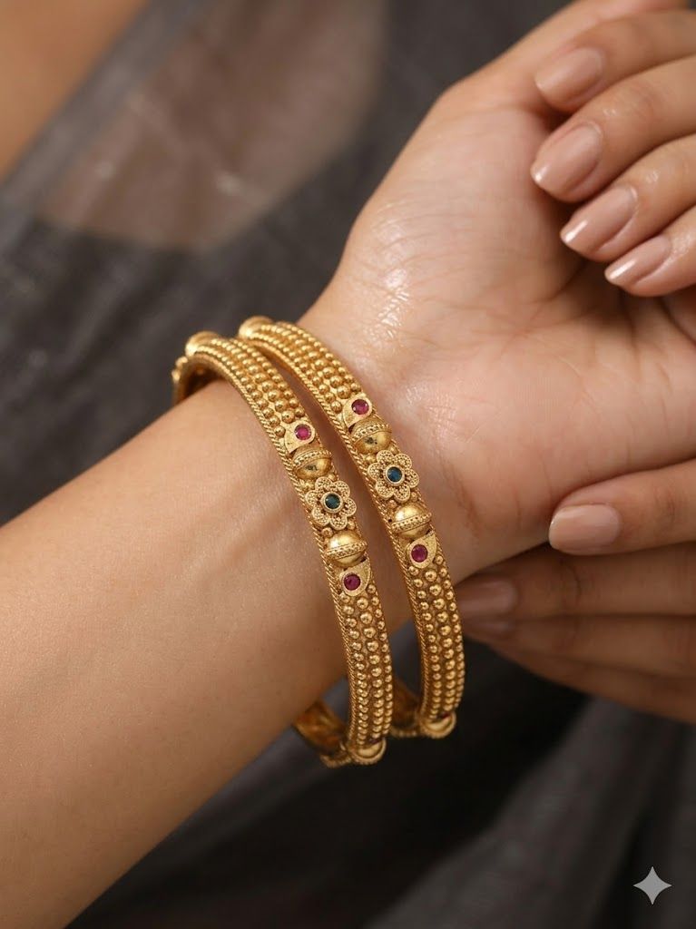 Elegant Traditional Daily Wear Gold floral Bangles with Gemstone Detailing