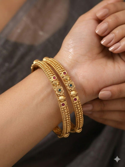 Elegant Traditional Daily Wear Gold floral Bangles with Gemstone Detailing