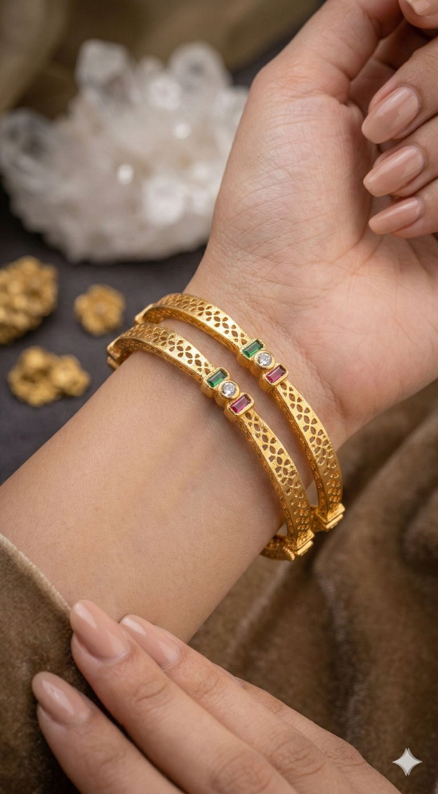 Royal Trinity Micro Gold Plated Ruby & Emerald Stone Designer Bangles (Set Of 2)